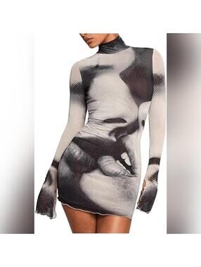 NWOT GORGLITTER Mesh Y2K Rave Long Sleeve Newspaper Mini Dress, Small